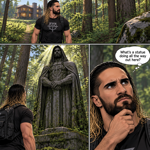 Seth Rollins was walking in the woods near his house,Then…he discovered an old statue Of a man in a cloak (Roman Reigns). “What’s a statue doing all the way out here?” Seth asked himself