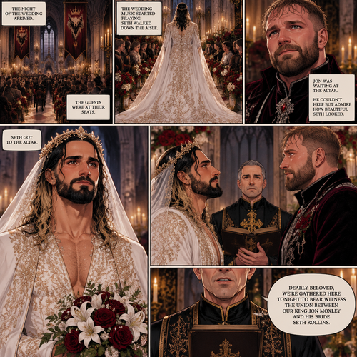 (Recap) Seth Rollins (The vampire hunter turned Bride of the Vampire king) Reunited with his long lost brother Aj Styles,Time skip to 3 days before the wedding,Seth and Jon Moxley (Vampire King) were still preparing,Aj helped out,The night before Aj had told Jon and Seth that he’s a werewolf,Seth and Jon were shocked but were happy that Aj was being honest with them,Seth was on the balcony Looking at the view and Looking nervous about the wedding,Jon appeared behind him checking in on him,“Can’t sleep?” Jon asked,“No” Said Seth,Jon wrapped his arms around him,“What’s on your mind?” Jon asked,”I’m just very nervous about our wedding,Don’t get me wrong I want to marry you…It’s just….what if I mess up? What if people don’t like me?…what if…..I’m not enough….for you?” Said Seth,”Look at me my love” Jon said softly,Seth looked up at him,”You’re not gonna mess up,I’ll be right with you,If people don’t like you they’ll have to deal with me,You ARE enough for me,You’re the only one I want,The ONLY one i love,You’re mine..and I’m yours,For eternity” Jon said softly,Seth’s heart fluttered,Jon kissed him softly,”I love you” Jon said Softly,”I love you too” Seth said softly,They kissed again. (And now part 9) The night of the wedding arrived,The guests were at their seats. Jon was waiting at the altar. The wedding music started playing. Seth walked down the aisle. Jon couldn’t help but admire how beautiful Seth looked. Seth got to the altar. “Dearly beloved,We’re gathered here Tonight to bear witness the union between Our King Jon Moxley and his Bride Seth Rollins” Said the officiant