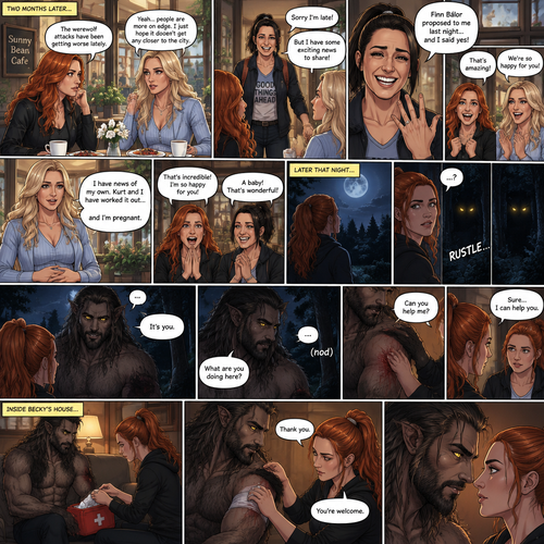 (Part 2 of the Werewolf X human story). It’s been two months since the night Becky Lynch and Her friends Charlotte Flair and Bayley saved the Man (Seth Rollins). They haven’t seen him since. Becky and charlotte were having brunch at a cafe,They were talking about the recent werewolf attacks. Then Bayley showed up late….with a happy grin on her face. She apologized for being late and sat at the table. Then she said she’s has some exciting news to share with the two of them….Finn Bálor proposed to her last night…and she said yes. Becky and Charlotte were happy and excited for Bayley. Then Charlotte said she’s has some news of her own. She and her husband (Kurt Wagner a.k.a nightcrawler) have worked it out…and She’s pregnant. Becky and Bayley were happy and excited for Charlotte. Later that night,Becky was in her backyard looking at the moon…then…She heard a noise from the forest near her house. She looked closely. A pair of Yellow eyes were looking at her. A werewolf slowly walked out of the forest and walked towards her. Her heart was pounding. The werewolf stood in front of her. She….recognized those eyes….it was the man Becky and the girls saved two months ago. “It’s you” said Becky. He nodded. “What are you doing here?” Becky asked. He shows her the wound on his arm…then he spoke “Can you help me?”. Becky looked at the wound. “Sure…I can help you” Said Becky. They went inside Becky’s house. Becky went to get the first aid kit and the werewolf sat down on the couch. She came back and gently treated the werewolf’s wound. After a while,she was finished. “Thank you” the werewolf said softly. “You’re welcome” Becky said softly. They stared at each other