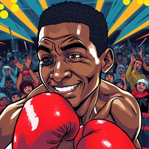 A African American boxer standing in a ring with a black eye and sweaty but smiling 
