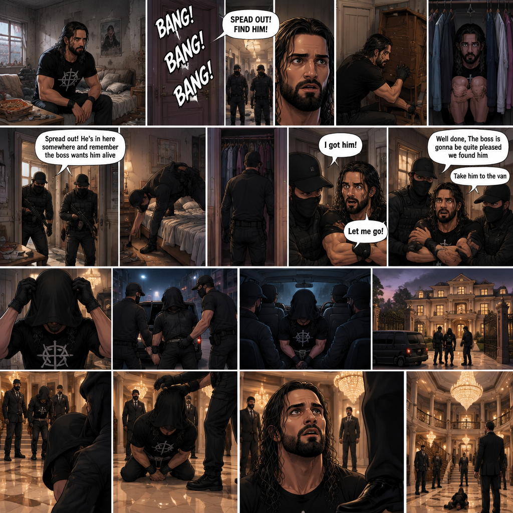 Seth Rollins was living in a run down apartment,Then he heard loud banging from the lobby,Then he heard a man shouting. “SPEAD OUT! FIND HIM!” Said the voice.Seth got spooked,He barricaded the door and hid in his closet.There were sounds of doors being kicked outside,Then the sounds of footsteps approached Seth’s apartment door,The door was kicked open. “Spread out! He’s in here somewhere and remember the boss wants him alive” said a voice. They looked around the apartment.Seth keeps quiet.One of them looked in Seth’s room,He looked under the bed,Then….He walked to the closet.Seth’s heart was beating loudly.The man…opened the door,Spotted Seth and grabbed him before Seth could do anything. “I got him!” Said the man.Seth Struggled.The others walked in the bedroom. “Let me go!” Seth yelled. “Well done,The boss is gonna be quite pleased we found him” Said the man. “Take him to the van”The man commanded. They put a hood over Seth’s head and dragged him to a black van.They get in afterwards,one of them drives the van.After a while they arrive at a fancy mansion,They get out and Drag Seth to it.They went inside,They drop Seth on the middle of the floor and removed the hood.Seth looks at his surroundings