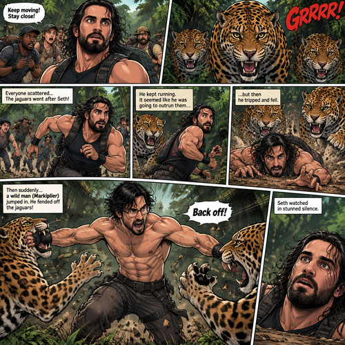 Seth Rollins was exploring the jungle with a group,Then suddenly….a group of jaguars appeared. Everyone scattered. Some of the jaguars went after Seth,He kept running. It seemed like he was going to outrun the jaguars….but then he tripped and fell. The jaguars were about to pounce on him….then suddenly…a wild man (Markiplier) jumped in. He fended off the jaguars while Seth watched in stunned silence
