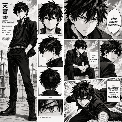 CHARACTER REFERENCE — SORA AMAMIYA

Create an original male shonen manga protagonist named Sora Amamiya. Use a consistent black-and-white Japanese manga art style with clean ink lines, detailed cross-hatching, and dramatic screentones.

HAIR: Messy, layered jet-black hair with distinctive pointed strands and uneven bangs falling over his forehead. Keep the hairstyle identical in every appearance.

EYES: Sharp, deep-grey eyes with dark pupils and clear outlines. Keep their shape consistent between panels.

FACE: Youthful facial structure, defined eyebrows, straight nose, and a serious but natural expression. No facial scars, tattoos, or markings.

OUTFIT: A fitted black high-collar jacket with silver buttons, a plain dark shirt, black trousers, a narrow belt, sturdy lace-up boots, and simple wrist wraps. No clan symbols, badges, or logos.

SILHOUETTE: A recognizable slim, athletic shonen protagonist design. Keep the hairstyle, facial features, proportions, and clothing identical across all illustrations.

ART STYLE: Traditional black-and-white manga, high-contrast ink shading, screentones, expressive eyes, crisp line art, and cinematic panel composition.

IMPORTANT: This is the same character in every image. Do not change his hair, eyes, outfit, or facial structure. Do not add weapons, supernatural effects, accessories, or powers unless explicitly requested.
