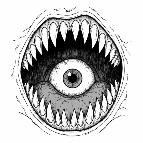 Big gaping monster mouth open full of teeth with an eye inside the mouth easy to draw