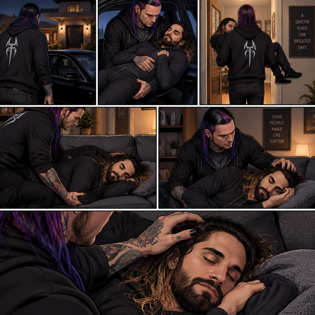 (Part 5 of the Vampire x human story) Jeff Hardy arrives at his house. He walks to the passenger side and gently lifts the sleeping Seth Rollins in his arms. He walks inside,Then he gently put Seth on his couch. He gently stroked Seth’s hair