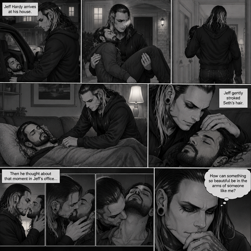 (Part 5 of the Vampire x human story) Jeff Hardy arrives at his house. He walks to the passenger side and gently lifts the sleeping Seth Rollins in his arms. He walks inside,Then he gently put Seth on his couch. He gently stroked Seth’s hair. Then he thought about that moment in Jeff’s office,The kiss and himself sinking his fangs into Seth’s neck. “How can something so beautiful be in the arms of someone like me?” Jeff asked himself