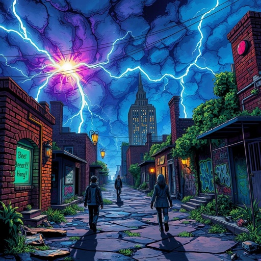 World building scene where the world is Detroit based in a lightening thunder worldly setting near huts in the hood