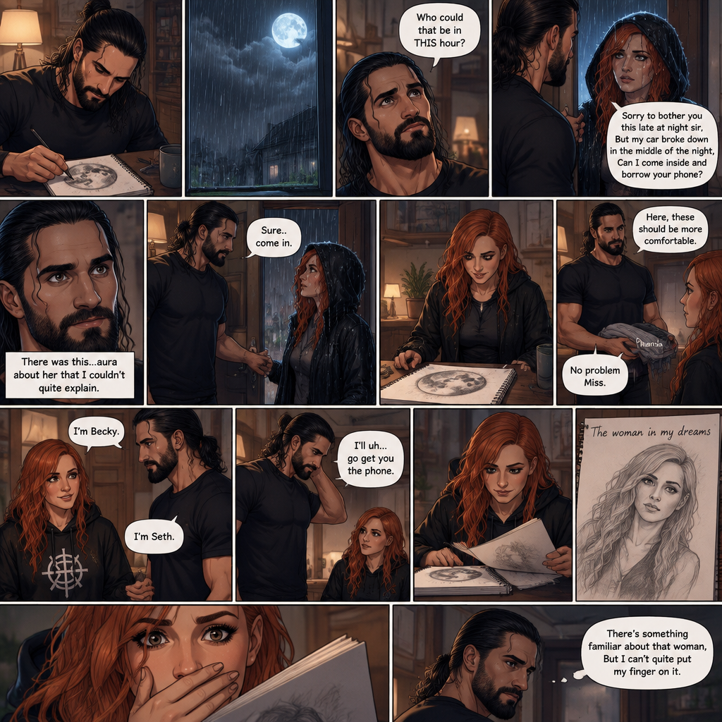 It was a rainy night outside,Seth Rollins was alone in his house,He drawing a picture of the moon on his notebook.Then the doorbell rang. “Who could that be in THIS hour?” Seth asked himself. He got up and opened the door,A young Irish woman (Becky Lynch) was standing outside on his porch soaking wet from the rain wearing a hood. “Sorry to bother you this late at night sir,But my car broke down in the middle of the night,Can I come inside and borrow your phone?” Asked the woman.Seth looked at the woman,There was this…aura about her that he couldn’t quite explain.He decided to let her in. “Sure..come in” said Seth.The woman walked in and Seth shut the door.He walked out to his bedroom to get the woman some nice dry clothes to wear,The woman was waiting in the kitchen,She noticed the drawing on the table.She smiled.Seth came back and handed her the clothes. “Thanks” said the Woman. “No problem Miss” Said Seth.The woman went to the bathroom to change. “There’s something familiar about that woman,But I can’t quite put my finger on it” Seth said to himself.After a while she came out wearing the clothes.She sat down at the table with him.”I’m Becky” Said Becky. “I’m Seth” Said Seth.There was something between them,Pulling them together.”I’ll uh…go get you the phone” Seth said nervously .He gets up to get the phone from the living room.Becky looked at his other drawings while she waited,Then…She spotted a drawing of a young woman.The drawing was called “The woman in my dreams”.That woman….was Becky herself
