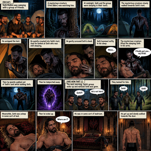 (Recap). Seth Rollins was camping with a group of friends,A mysterious creature (Finn Bálor) was watching him,at midnight Seth and the group were sleeping in their tents,The mysterious creature slowly walked towards Seth’s tent,he unzipped the tent,He quietly crawled into Seth’s tent,then he looked at Seth who was still sleeping,He gently caressed Seth’s cheek,Seth hummed softly in his sleep,the mysterious creature lifted the sleeping Seth in his arms,”I finally got you…my bride” the mysterious creature whispered,Then he quietly walked out of Seth’s tent while holding the sleeping Seth,then teleported away. (And now part 2). The next morning,Seth’s group woke up and noticed Seth was gone. They looked for him. Meanwhile,Seth was asleep in some sort of bed. Then he woke up. He was confused. “Where am I?” Seth asked himself. He was in some sort of bedroom. He got up and slowly walked towards the door