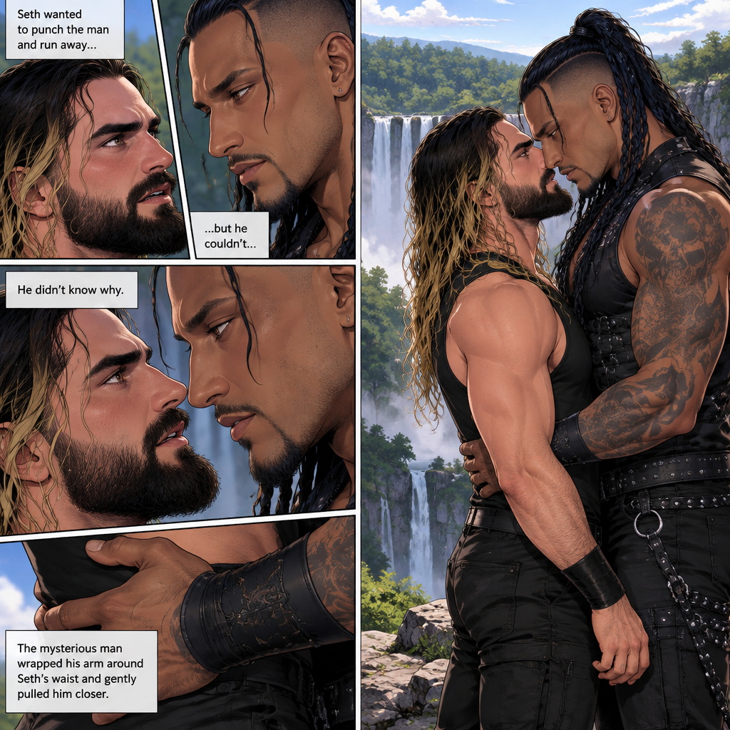 (Part 4). Still at the cliff near the forest clearing with the waterfall view. Seth Rollins and the mysterious man (Damien Priest) were staring into each other’s eyes. Seth wanted to punch the man and run away…but he couldn’t…he didn’t know why. The mysterious man wrapped his arm Seth’s waist and gently pulled him closer