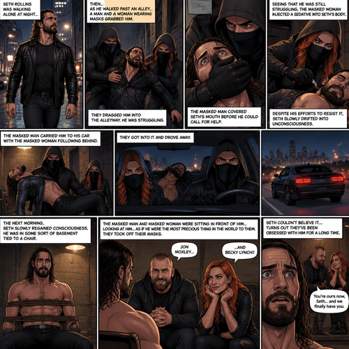 Seth Rollins was walking alone at night,Then….as he walked past an alley…A man and a woman wearing masks grabbed him.They dragged him into the alleyway,He was struggling.The masked man covered Seth’s mouth before he could call for help.Seeing that he was still struggling The masked woman injected a sedative into Seth’s body,Despite his efforts to resist it Seth slowly drifted into unconsciousness.The masked man carried him to his car with the masked woman following behind,they got into it and drove away.The next morning,Seth slowly regained consciousness,He was in some sort of basement tied to a chair.The masked man and masked woman were sitting in front of him…looking at him…as if he were the most precious thing in the world to them.They took off their masks,Seth couldn’t believe it….It was Jon Moxley and Becky Lynch!! Turns out they’ve been obsessed with him for a long time