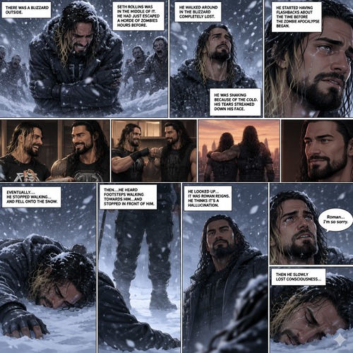 There was a blizzard outside,Seth Rollins was in the middle of it,He had just escaped a horde of zombies hours before.He was shaking because of the cold.He walked around in the blizzard completely lost.His tears streamed down his face.He started having flashbacks about the time before the Zombie Apocalypse began.Eventually….He stopped walking…And fell onto the snow,Then….he heard footsteps walking towards him…and stopped in front of him.He looked up…It was Roman Reigns.He thinks it’s a hallucination. “Roman…I’m so sorry” Seth said to the “Hallucination”,Then he slowly lost consciousness