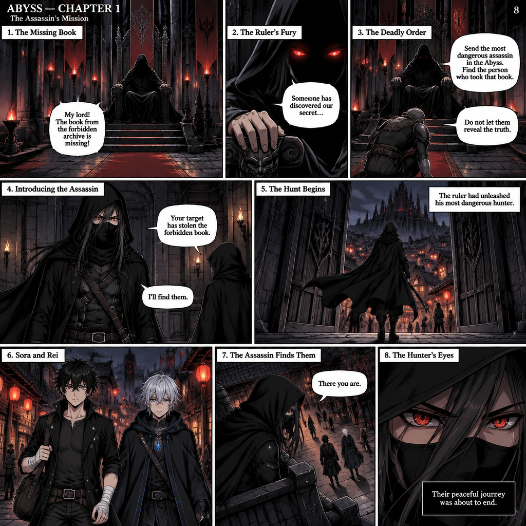 ABYSS — CHAPTER 1
Page 8 — The Assassin’s Mission
Panel 1 — The Missing Book
Inside a vast, dark throne room, the mysterious ruler of the Abyss sits on a towering black throne. His face remains hidden in deep shadow. Black stone pillars and dim red lanterns surround him. A frightened guard kneels before the throne.
Guard: “My lord! The book from the forbidden archive is missing!”
Panel 2 — The Ruler’s Fury
Close-up of the ruler’s hand gripping the throne’s armrest tightly. His face remains mostly concealed, but his visible eyes burn with anger.
Ruler: “Someone has discovered our secret…”
Panel 3 — The Deadly Order
The ruler leans forward on his throne, his face still hidden in shadow. The guard bows lower.
Ruler: “Send the most dangerous assassin in the Abyss. Find the person who took that book.”
Ruler: “Do not let them reveal the truth.”
Panel 4 — Introducing the Assassin
In a dark stone chamber, introduce a tall, lean assassin with long, straight charcoal-black hair, narrow crimson eyes, and a black mask covering the lower half of their face. The assassin wears a fitted, entirely black combat outfit, black gloves, dark trousers, black boots, and a long black hooded cloak. A single dark-metal sword hangs at their waist. Their expression is cold, controlled, and intimidating.
The assassin stands motionless in the shadows as a messenger delivers the ruler’s command.
Messenger: “Your target has stolen the forbidden book.”
Assassin: “I’ll find them.”
Panel 5 — The Hunt Begins
Show the SAME assassin with identical long charcoal-black hair, crimson eyes, black face mask, fitted black outfit, gloves, boots, hooded cloak, and sword at their waist. The assassin walks through the enormous stone gates toward the lantern-lit village. Their cloak flows behind them.
Narration: “The ruler had unleashed his most dangerous hunter.”
Panel 6 — Sora and Rei
Show Sora Amamiya and Rei Mikazuki walking together through the Abyss village, completely unaware of the danger approaching them.
Sora Amamiya: 17 years old, 178 cm tall, slim athletic build, messy layered jet-black hair with sharp irregular spikes and uneven bangs, sharp light-grey eyes with dark pupils, youthful defined face. He wears a fitted black high-collar jacket with silver buttons, a dark shirt, black trousers, a black belt with a rectangular silver buckle, black lace-up combat boots, and white bandages around both wrists and partially over both hands. His dark travel bag hangs at his side. No scars or markings.
Rei Mikazuki: Soft, layered silver hair, cool blue-grey eyes, calm but mysterious expression. He wears a black hooded cloak with subtle blue accents over dark layered clothing, black trousers, and black boots. A blue crystal pendant hangs from a silver chain around his neck.
Sora walks with the discovered book secured in his travel bag. Rei walks beside him, still troubled by what he has learned.
Panel 7 — The Assassin Finds Them
From a distant rooftop, the SAME assassin watches Sora and Rei below. The assassin has long charcoal-black hair, narrow crimson eyes, a black face mask, fitted black combat clothing, gloves, dark boots, a long black hooded cloak, and a dark-metal sword at their waist.
The assassin’s crimson eyes narrow as they recognize the two targets.
Assassin: “There you are.”
Final Panel — The Hunter’s Eyes
Extreme close-up of the assassin’s narrow crimson eyes beneath the dark hood. The village lanterns reflect in their eyes. The assassin’s expression is cold and merciless.
Narration: “Their peaceful journey was about to end.”