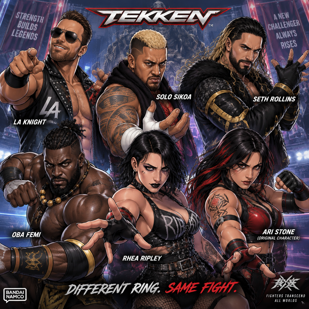LA Knight,Solo Sikoa,Seth Rollins,Oba Femi,Rhea Ripley and Ari Stone (My Female wrestler oc) in Tekken