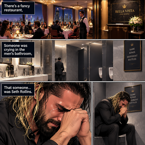 There’s a fancy restaurant,Someone was crying in the men’s bathroom,That someone…was Seth Rollins