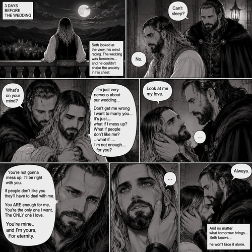 (Recap) Seth Rollins (The vampire hunter turned Bride of the Vampire king) was almost kidnapped by A mysterious figure (AJ Styles),Jon Moxley (Vampire King) Saved Seth,The man took off the hood and revealed he’s Seth’s brother,Seth was stunned. “What?” Seth asked,”I’m your brother” said Aj,Seth shook his head a little,”I don’t believe you” Said Seth,”I know this is a lot to process,but it’s true” said Aj,Jon gently pulled Seth to his side,”How do we know you’re telling the truth?” Jon asked cautiously,Aj shows his birthmark,It’s the shape of a crescent moon…just like Seth’s. Seth was stunned,All this time he thought he was the only one with that birthmark’”A-Are you really my brother?” Seth asked,”Yes Seth…I am” said Aj,”I have been searching for you…all these years” Aj paused,Tears welling up in his eyes,”And I finally found you” Aj continued,Seth didn’t know what to say,Neither did Jon,”I’ve never forgotten about you,little brother” Said Aj,Something flashed in Seth’s mind,it was a memory of himself and Aj when they were little,Aj (as a kid) had promised Seth he would never forget him,The flashback ends,Tears welled up in Seth’s eyes,Seth and Aj hugged each other,Jon just watched. (And now part 8). 3 days before the wedding,Seth and Jon were still preparing. Aj helped out. The night before Aj had told Jon and Seth that he’s a werewolf. Seth and Jon were shocked but were happy that Aj was being honest with them. Seth was on the balcony Looking at the view and Looking nervous about the wedding. Jon appeared behind him checking in on him. “Can’t sleep?” Jon asked. “No” Said Seth. Jon wrapped his arms around him. “What’s on your mind?” Jon asked. “I’m just very nervous about our wedding,Don’t get me wrong I want to marry you…It’s just….what if I mess up? What if people don’t like me?…what if…..I’m not enough….for you?” Said Seth. “Look at me my love” Jon said softly. Seth looked up at him. “You’re not gonna mess up,I’ll be right with you,If people don’t like you they’ll have to deal with me,You ARE enough for me,You’re the only one I want,The ONLY one i love,You’re mine..and I’m yours,For eternity” Jon said softly