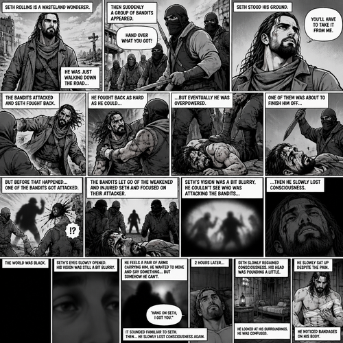 (Recap).Seth Rollins is a wasteland wonderer,He was just walking down the road,Then suddenly A group of bandits appeared,Seth stood his ground,Then the bandits attacked and Seth fought back,He fought back as hard as he could,but eventually he was overpowered,The bandits beat him up really badly,One of them was about to finish him off but before that happened One of the bandits got attacked,The bandits let go of the weakened and Injured Seth and focused on their attacker,Seth’s vision was a bit blurry,he couldn’t see who was attacking the bandits,then he slowly lost consciousness. (And now part 2). The world was black. Seth’s eyes slowly opened,His vision was still a bit blurry. He feels a pair of arms carrying him. He wanted to move and say something…but somehow he can’t. Then he heard a faint voice saying “Hang on Seth,I got you”. It sounded familiar to Seth. Then…Seth slowly lost consciousness again. 2 hours later,Seth slowly regained consciousness. His head was pounding a little. He looked at his surroundings. He was confused. He slowly sat up despite the pain. He noticed bandages on his body