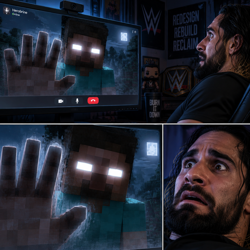 (part 2) Minecraft is still running. Herobrine still stared at Seth Rollins through the webcam. Seth was still paralyzed from fear. Herobrine put his hand on the screen