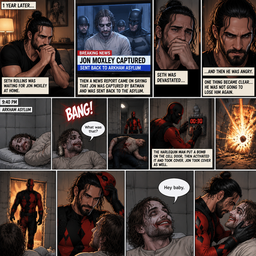 (Part 4 of the Joker x Harlequin story). 1 year later,Seth Rollins was waiting for Jon Moxley (The Joker) at home. Then a news report came on saying that Jon was captured by Batman and was sent back to the asylum. Seth was devastated…and then he was angry. One thing became clear…He was NOT going to lose him again. 9:40 pm,Jon was asleep in his padded room in the asylum…then he heard a loud Bang. He jolted awake. “What was that?” Jon asked himself,Then he saw one of the guards get taken out. There was a man in a red and black Harlequin costume,He was wearing a mask. Jon was confused. The Harlequin man put a bomb on the cell door,then activated it and took cover. Jon took cover as well. The bomb went off,blowing the door off. The harlequin man walked in. Jon looked up at him. The harlequin man took off his mask,It was Seth. Jon was happy. “Hey baby” Said Jon