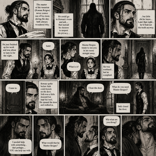 Seth Rollins was working as a butler,The master of the mansion (Roman Reigns) never comes out of his room during the day.Seth always wondered why,He could go to Roman’s room and ask…But instead he chooses to respect his privacy….but little did he know…Later that night…he’d find out the truth anyway.He just finished up his work and was about to turn in for the night…Buy one of the maids called his name. “What is it?” Asked Seth. “Master Reigns wants to see you in his room straight away” Said the maid.He was confused…but he complied.He walks up to his room.Roman spoke before Seth could knock on the door, “Come in”.Seth was a little stunned but kept his cool,He opened the door and walked in.”Close the door” Roman commanded. Seth closed the door. “What do you need Master Reigns?” Seth asked.Roman slowly got up and slowly walked towards Seth. “I needed help with something…that perhaps….YOU can help me with” Said Roman as he kept slowly walking towards Seth. “What would that be Master Reigns?” Seth asked nervously.Roman didn’t answer,He just backed Seth to the wall. “Wh-what are you doing?” Seth asked.Roman leaned forward to Seth’s neck
