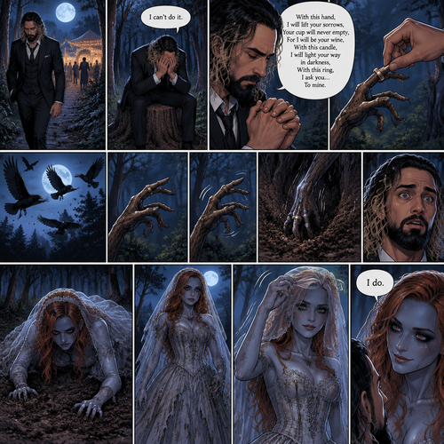 (Part 1 of the corpse bride,Seth x Becky style). Seth Rollins was walking in the woods alone at night after running away from a wedding rehearsal. After a while He sat at a tree stump,he puts his head in his hands. “I can’t do it” Seth said to himself. He took a deep breath. He began practicing his vows,”With this hand,I will lift your sorrows,Your cup will never empty,For I will be your wine,With this candle,I will light your way in darkness,With this ring,I ask you…To mine”. He puts the wedding ring on a tree branch that suspiciously looks like a ring finger. Then the crows flew by,Then….The branch the suspiciously looked like a hand…twitched. Then….The branch that suspiciously looks like a hand pulled itself underground. Seth got spoked when he saw that. Then…an undead woman in a wedding dress (Becky Lynch) crawled out from the ground. She stood up,Lifted her vail,Looked at Seth and said in a quiet voice “I do”