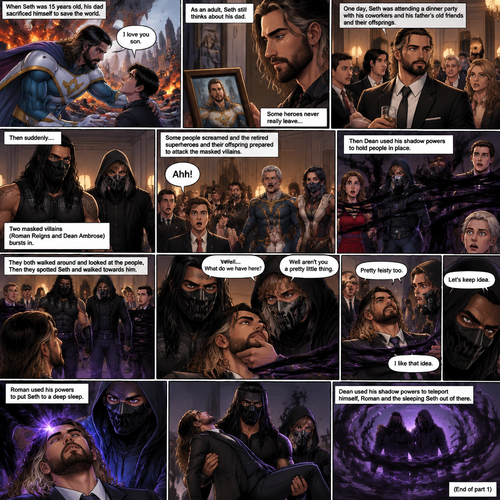 (Part 1 of an Ambrolleigns story) Seth Rollins is the son of a famous superhero. When he was 15 years old his sad sacrificed himself to save the world,the last this his dad said to him was “I love you son”. As an adult he still thinks about his dad. One day He was attending a dinner party with his coworkers and his father’s old friends and their offsprings,Then suddenly….Two masked villains (Roman Reigns and Dean Ambrose) bursts in. Some people screamed and the retired superhero’s and their offspring prepared to attack the masked villains. Then Dean used his shadow powers to hold people In place. After that they both walked around and Looked at the people,Then they spotted Seth and walked towards him. “Well…What do we have here?” Roman asked. Dean grabbed Seth’s chin. “Well aren’t you a pretty little thing” Said Dean. Seth struggled against the shadow binds. “Pretty feisty too” said Roman. Dean looked at Roman and said “Let’s keep him”. Seth struggled against the shadow binds again after hearing that. Roman chuckled evilly and said “I like that idea”. Roman used his powers to put Seth to a deep sleep. Roman lifted Seth in his arms. Dean used his shadow powers to teleport himself,Roman and the sleeping Seth out of there. (End of part 1)