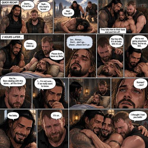 (Quick recap!) Roman reigns and Jon Moxley are in a post apocalypse,They complained about the heat,They see a man passing out because he got over heated,Turned out to be Seth Rollins (The love of their lives btw),They take him to their base and cool them off. (Now onto part 2!).2 hours have passed,Seth was still unconscious,Roman and Jon never left his side.Roman Gently held Seth’s hand. “Please…wake up” Roman pleaded softly.Jon gently stroked Seth’s head.”Please don’t leave us,Baby” Jon pleaded softly.Then….They heard Seth subconsciously speaking their names “Jon…Roman”. “Don’t…don’t go…please…please don’t go” Seth Said in his subconscious.He was having a nightmare. “Hey hey shh,It’s ok baby,Shh it’s ok” Jon said softly. “We’re not going anywhere Baby,You’re ok,Shh” Roman said softly. Seth’s body slowly relaxed.It broke their hearts to see Seth like that.Jon’s voice cracked a little while he spoke. “Has he…Been dealing with this alone…all this time?” Jon asked.Roman couldn’t even bear the thought of it. “I…I’m not sure…if we really want to know” said Roman.They looked at Seth,Before they looked away….Seth’s eyes slowly opened,He spoke softly “Roman?…Jon?”. They smiled of joy and relief. “Yes baby” Roman said softly. “It’s us” Jon said softly.Tears of joy streamed down Seth’s face,he slowly sat up,He couldn’t believe it…The men he trusted and truly loved…are alive.Roman and Jon hugged Seth as he cried tears of joy. “I thought I lost you both!” Seth said while crying