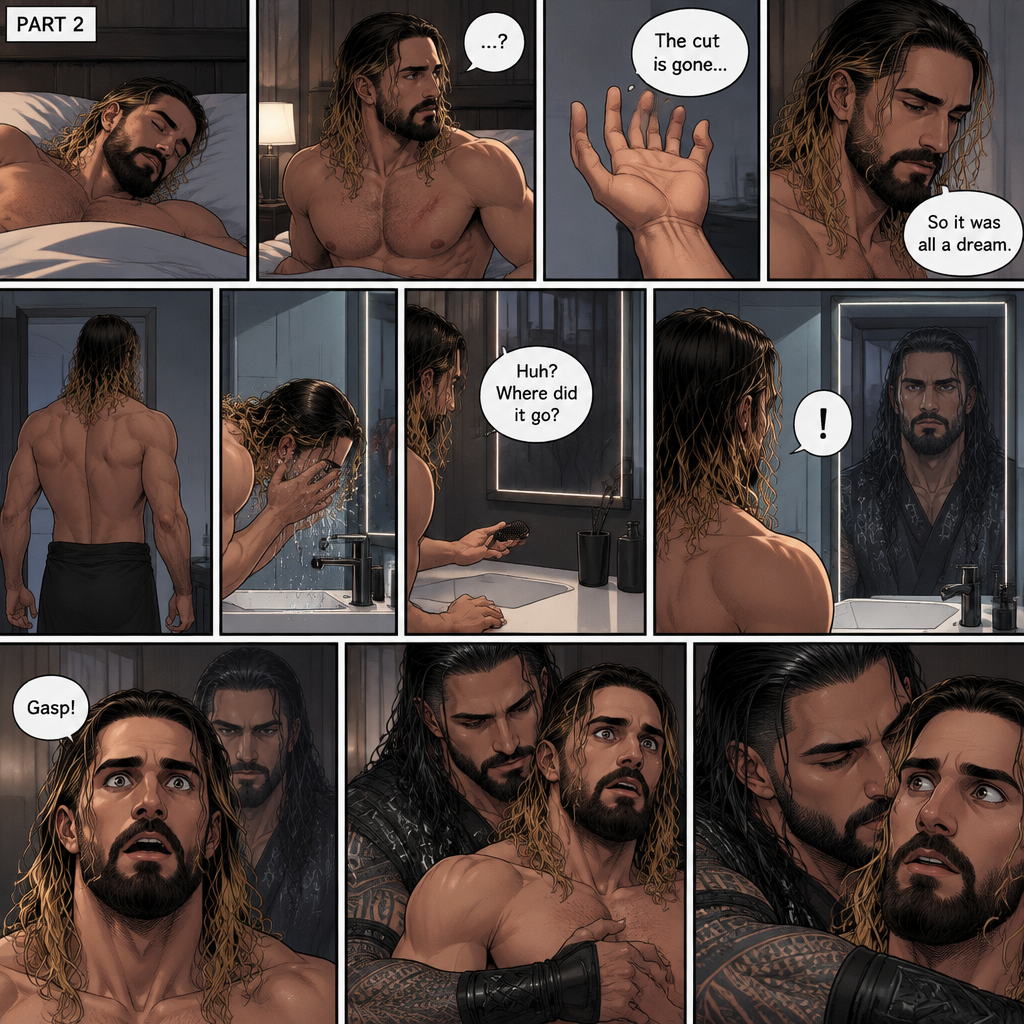 (Recap) Seth Rollins Was walking in the forest near his house,he discovered a statue of a sorcerer (Roman Reigns),he finds a hole on it,then he accidentally cuts his hand,A little bit of his blood dripped in the hole,then it broke apart…revealing the sorcerer himself,Seth was shocked,the sorcerer grabbed Seth’s wrist and pulled him closer,He looked at Seth’s eyes,then he used a spell to make Seth sleep,then he lifted Seth in his arms. (And now part 2). Seth was asleep on his bed,then he woke up. He sat up confused. He looked at his hand…the cut was gone. “So it was all a dream” Seth said to himself. He got up and walked to the bathroom,then he splashed cold water on his face. He reached for his hairbrush….it wasn’t there. “Huh? Where did it go?” Seth asked himself. He looks at the mirror….and sees the sorcerer. Seth gasped. The sorcerer grabs Seth from behind