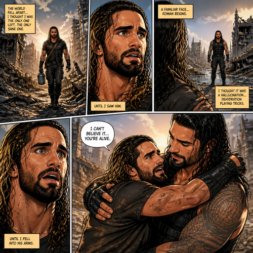 WWE superstar Seth Rollins in a post apocalyptic world trying to survive.He thought he was the only sane person left…. But he was wrong.One while was looking for water….He saw a familiar face…it was Roman Reigns.He thought he was hallucinating from dehydration…Till he fell into Roman’s arms.He realized…Roman was actually here.”I can’t believe it….you’re alive” Said Seth