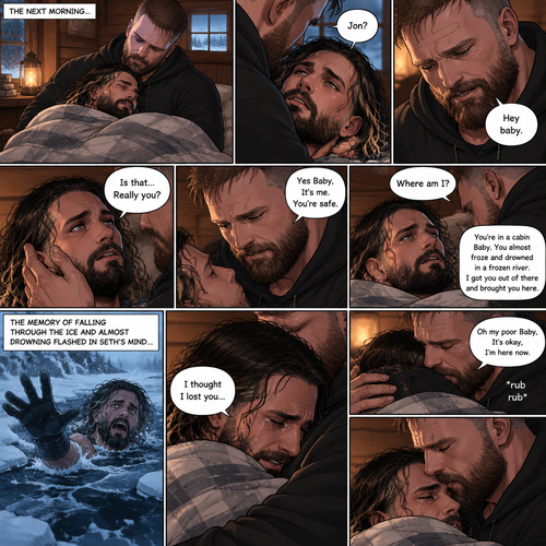 (The monster apocalypse/Moxollins story part 3). The next morning,Seth Rollins was Still unconscious on the bed in the cabin with the blanket wrapped around him to keep him warm. Jon Moxley had been watching over him Still holding him in his arms. Then Seth slowly regained consciousness,The first thing he sees is Jon looking down at him,Then he spoke softly “Jon?”. “Hey baby” Jon said softly. “Is that…Really you?” Seth asked softly. Jon gently stroked Seth’s cheek. “Yes Baby,It’s me,You’re safe” Jon said softly. “Where am I?” Seth asked softly. “You’re in a cabin Baby,You almost froze and drowned in a frozen river,I got you out of there and brought you here” Jon said Softly. The memory of fall through the ice and almost drowning in the freezing water flashed in Seth’s mind. Jon gently hugged him. Then…Seth started crying. Jon gently rubbed his back. “I thought I lost you” Seth said while crying. “Oh my poor Baby,It’s okay,I’m here now” Jon said softly. He gently kissed Seth’s forehead