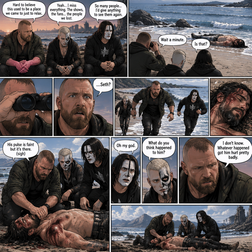 Part 2 of the apocalypse story.Jon Moxley,Darby Allin and Steven Borden (Sting’s son) were on a beach reminiscing about the time before the apocalypse and the people they missed.Then they noticed an unconscious person washed up on shore.Then They made a realization. “Wait a minute” said Darby. “Is that?” Asked Steven. Jon slowly lowered his binoculars,Eyes widened in shock.He couldn’t believe it. “….Seth?” Said Jon. That’s right! It was Seth Rollins!. Jon runs over to him,With Darby and Steven following behind.Jon got on his knees beside Seth.He checked his pulse,He sighed in relief. “His pulse is faint but it’s there” Said Jon.Then they noticed how badly injured Seth is. “Oh my god” Said Steven. “What do you think happened to him?” Darby asked Jon. “I don’t know,Whatever happened got him hurt pretty badly” Said Jon