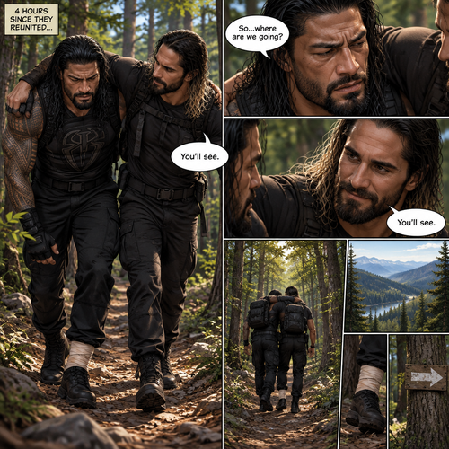 (Part 2 of the Zombie Apocalypse story). Still in the woods,Still far away from the zombies. Roman Reigns was still limping from the sprained ankle and Seth Rollins was helping him walk. It had been 4 hours since they reunited. “So…where are we going?” Roman asked. “You’ll see” said Seth