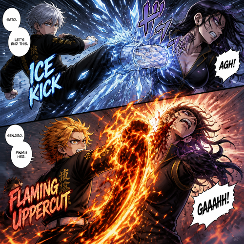  Then sato and senjiro hit her with a ice kick to her arm and a flaming uppercut