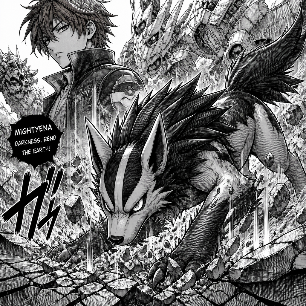 A cool boy with awesome brown hair in the background as his Pokémon “mightyena” in the ground using its power
