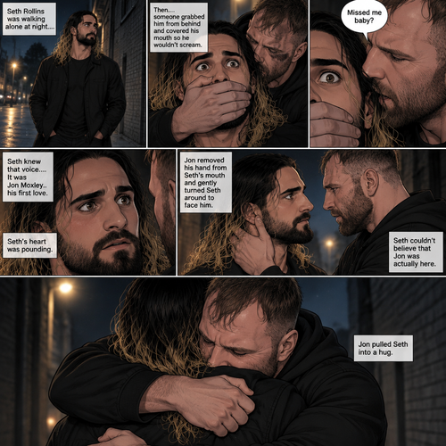Seth Rollins was walking alone at night….then….someone grabbed him from behind and covered his mouth so he wouldn’t scream,Then the person whispered in Seth’s ear “Missed me baby?”. Seth knew that voice….it was Jon Moxley..his first love. Seth’s heart was pounding. Jon removed his hand from Seth’s mouth and gently turned Seth around to face him. Seth couldn’t believe that Jon was actually here. Jon pulled Seth into a hug