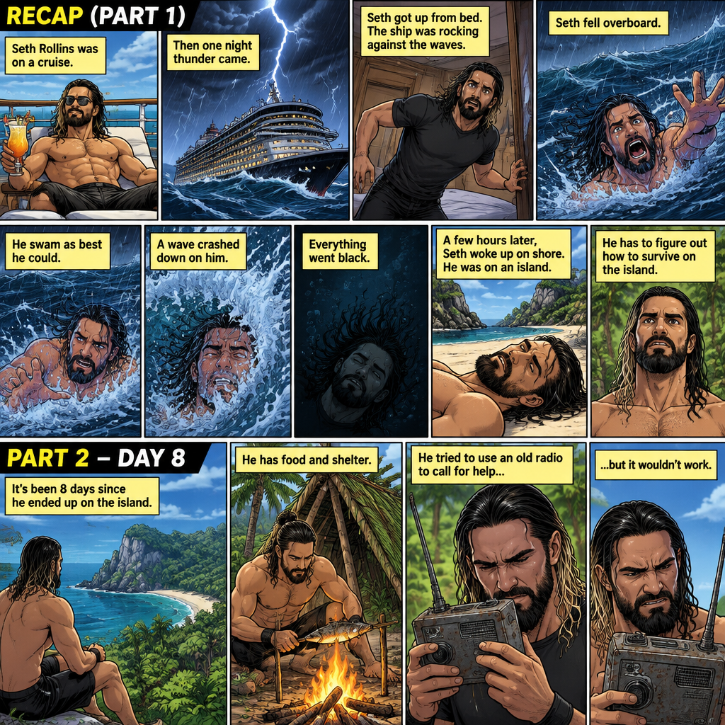 (Recap) Seth Rollins was on a cruise,then one night Thunder came,Seth got up from bed,The ship was rocking against the waves,Seth fell overboard,He swam as best he could,A wave crashed down on him,Everything went black,A few hours later,Seth woke up on shore,He was on an island,He has to figure out how to survive on the island. (And now part 2). It’s been 8 days since he ended up on the island. He has food and shelter. He tried to use an old radio to call for help but it wouldn’t work