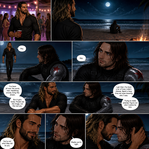 Seth Rollins is at a party,Then he sees Bucky sitting alone on the beach.He walks over to him. “Hey” said Seth. Bucky looked at him. “Hey” Said Bucky.Seth sits beside him.They talked to each other about their lives.During the chat Seth and Bucky began to move closer to each other
