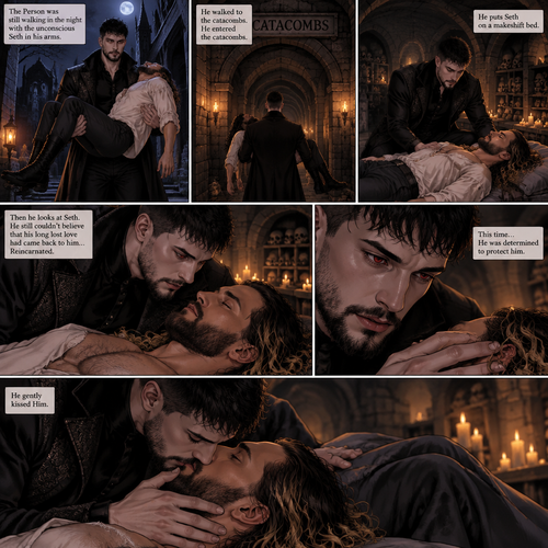 (Vampire Finn Bálor x Reincarnated Seth Rollins part 2) The Person was still walking in the night with the unconscious Seth in his arms. He walked to the catacombs,He entered the catacombs. He puts Seth on a makeshift bed,Then he looks at Seth. He still couldn’t believe that his long lost love had came back to him…Reincarnated. This time…He was determined to protect him. He gently kissed Him