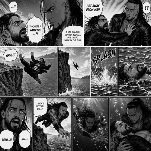 Part 6.Seth Rollins got scared after discovering that the mysterious man (WWE superstar Damien Priest) is a day walker vampire. Seth shoved the man off him…which caused Seth to Stumble and fall off the cliff backwards,Then he hit the water and lost consciousness after. The man was horrified and dived into the water to save Seth
