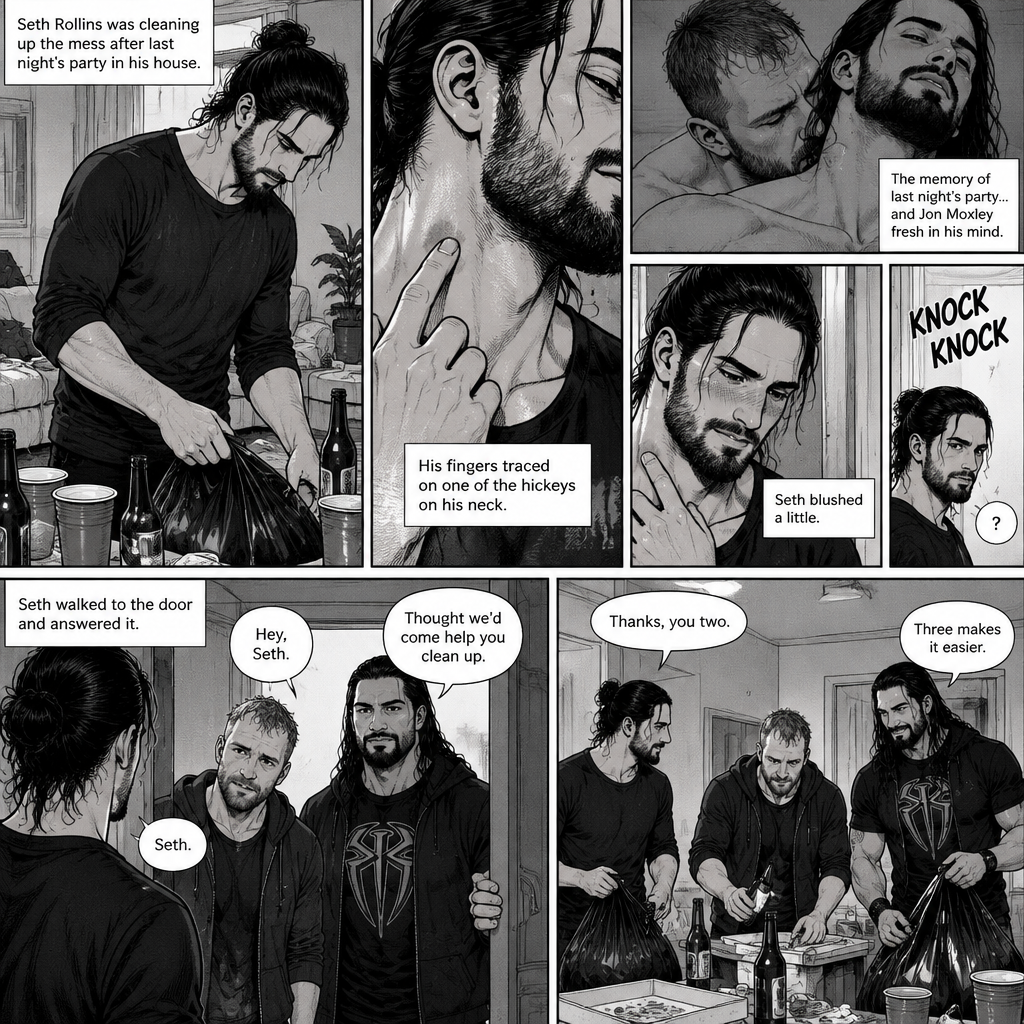 (Part 2) Seth Rollins was cleaning up the mess after last night’s party in his house. His fingers traced on one of the hickeys on his neck. The memory of last night’s party…and Jon Moxley Fresh in his mind. Seth blushed a little,Then there was a knock on the door. Seth walked to the door and answered it,It was Jon and Roman Reigns. They came to help Seth clean up