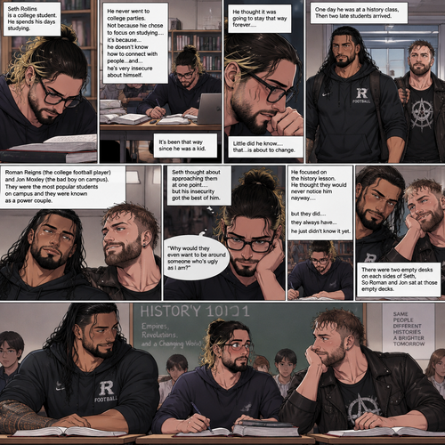 Seth Rollins is a college student. He spends his days studying,He never went to college parties. Not because he chose to focus on studying….it’s because…he doesn’t know how to connect with people…and…he’s very insecure about himself. It’s been that way since he was a kid. He thought it was going to stay that way forever….little did he know….that…is about to change. One day he was at a history class,Then two late students arrived. Roman Reigns (The college football player) and Jon Moxley (The bad boy on campus). They were the most popular students on campus and they were known as a power couple. Seth thought about approaching them at one point….but his insecurity got the best of him. “Why would they even want to be around someone who’s ugly as I am?” Seth thought to himself. He focused on the history lesson. He thought they would never notice him anyway….but they did….they always have…he just didn’t know it yet. There were two empty desks on each sides of Seth,So Roman and Jon sat at those empty desks