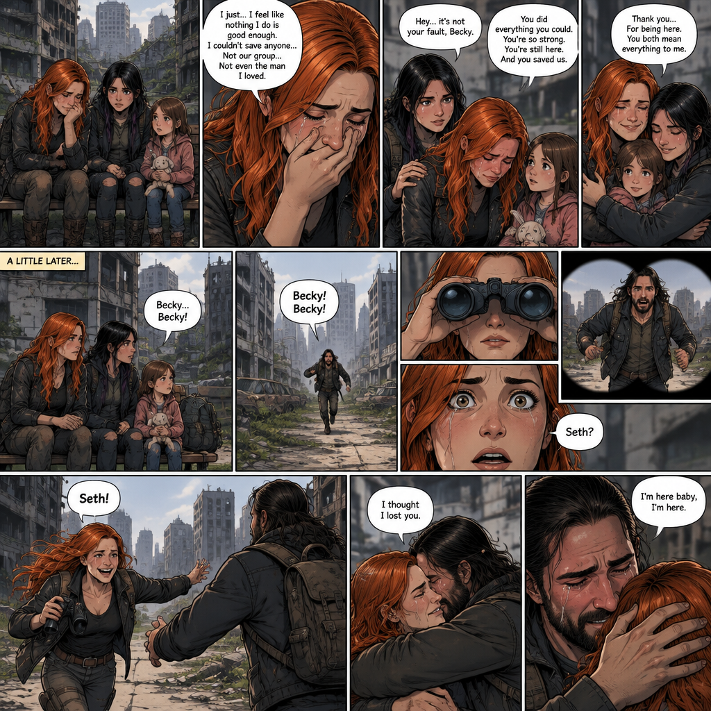 (Recap)It’s a zombie apocalypse,It’s been that way for 6 years,Becky lynch is surviving with two people,A teenager named Raven and a little girl named Sophie,They used to be part of a group…but they got wiped out by Bandits and Zombies,Becky,Raven and Sophie were the only ones that managed to escape.m,They’re currently walking in the city,They sat down on a bench to take a break,They were silent for a while,Then Becky started to cry,Raven and Sophie were concerned,Becky felt like nothing she did was good enough and that she couldn’t save anyone even the man she loved,Raven and Sophie were sad to see Becky like this,They reassured her,Becky smiled softly,They all hug each other. (And now part 2). Becky,Raven and Sophie were still sitting on the bench. Then…they heard a faint voice calling Becky’s name. They looked…and see a figure running towards them and calling Becky’s name in the distance. Becky grabbed her binoculars to see who it is. She couldn’t believe it…it was…The man she loved…the one who she thought she lost…Seth Rollins. Becky lowered her binoculars,her eyes widened in shock. “Seth?” Becky asked. Becky smiled and tears of joy rolled down her face. She ran towards him calling his name. They got to each other and hugged each other and cried tears of joy. “I thought I lost you” Becky said through her tears. “I’m here baby,I’m here” Said Seth
