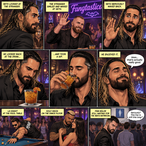 (Previously) Seth Rollins and his friends Finn Bálor,Solo Sikoa and LA knight arrived at a bar called “Fangtastica”,LA knight went to a pool table,Solo got approached by a young woman who invited him to dance with her,he accepted and got on the dance floor with her,Finn went to the men’s bathroom only to find that the line for it was too long and he was not happy about it,Seth sat alone at a bar table,A server gave him a drink he didn’t order for,The server pointed at a stranger (Jon Moxley) and told Seth that he ordered the drink for him. (And now part 2). Seth looked at the stranger. The stranger smiled and waved at Seth. Seth nervously waved back,He looked back at the drink…and took a sip. He enjoyed it