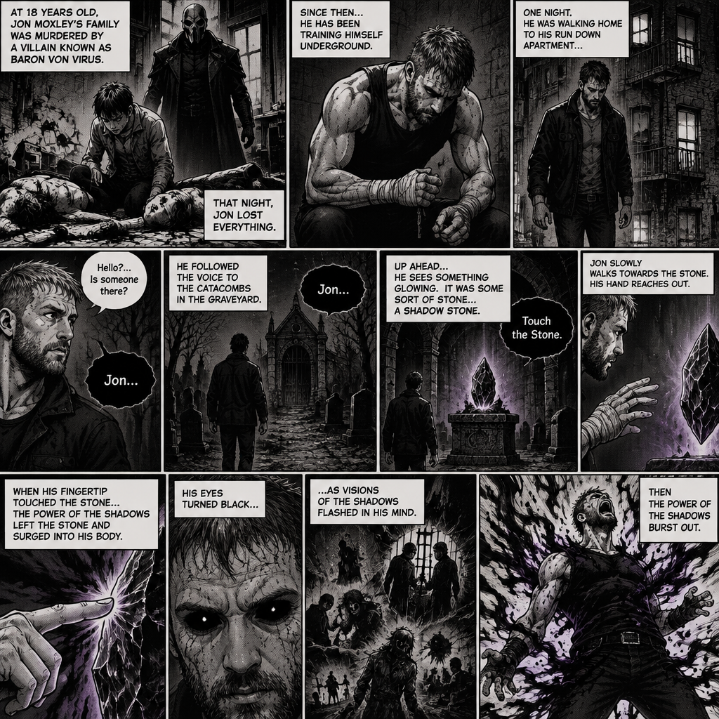 Jon Moxley as a vigilante born from tragedy. When he was 18 years old his family was murdered by a villain known as Baron Von Virus. Since then he had been training himself underground. One night he was walking home to his run down apartment…then he heard a mysterious voice call out his name. “Hello?…Is someone there?” Jon asked. It called out his name again. He followed the voice to the catacombs in the graveyard. Up ahead…He sees something glowing. It was some sort of stone…a shadow stone. Then the voice repeats “Touch the Stone”. Jon slowly walks towards the stone,His hand reaches out. When his fingertip touched the stone…the power of the shadows left the stone and surged into His body. His eyes turned black as visions of the shadows flashed in his mind. Then the power of the shadows burst out