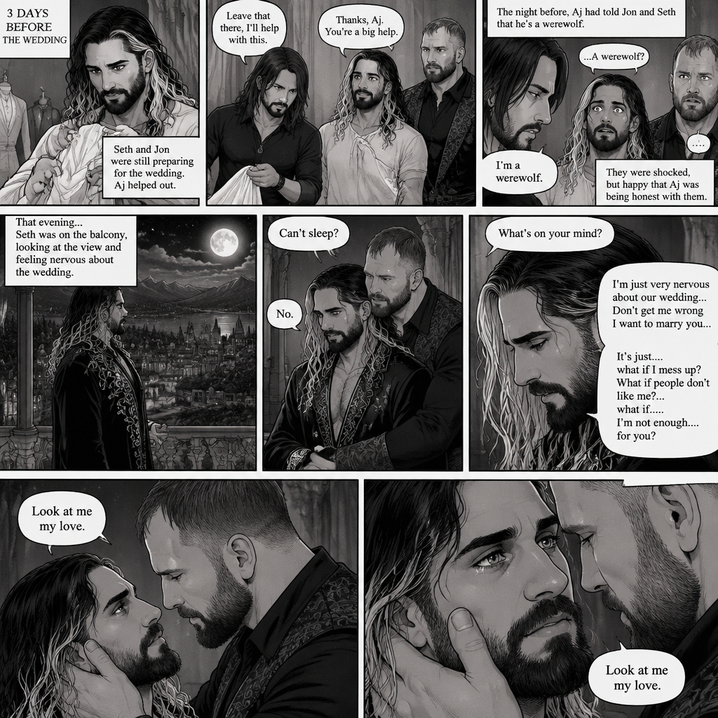(Recap) Seth Rollins (The vampire hunter turned Bride of the Vampire king) was almost kidnapped by A mysterious figure (AJ Styles),Jon Moxley (Vampire King) Saved Seth,The man took off the hood and revealed he’s Seth’s brother,Seth was stunned. “What?” Seth asked,”I’m your brother” said Aj,Seth shook his head a little,”I don’t believe you” Said Seth,”I know this is a lot to process,but it’s true” said Aj,Jon gently pulled Seth to his side,”How do we know you’re telling the truth?” Jon asked cautiously,Aj shows his birthmark,It’s the shape of a crescent moon…just like Seth’s. Seth was stunned,All this time he thought he was the only one with that birthmark’”A-Are you really my brother?” Seth asked,”Yes Seth…I am” said Aj,”I have been searching for you…all these years” Aj paused,Tears welling up in his eyes,”And I finally found you” Aj continued,Seth didn’t know what to say,Neither did Jon,”I’ve never forgotten about you,little brother” Said Aj,Something flashed in Seth’s mind,it was a memory of himself and Aj when they were little,Aj (as a kid) had promised Seth he would never forget him,The flashback ends,Tears welled up in Seth’s eyes,Seth and Aj hugged each other,Jon just watched. (And now part 8). 3 days before the wedding,Seth and Jon were still preparing. Aj helped out. The night before Aj had told Jon and Seth that he’s a werewolf. Seth and Jon were shocked but were happy that Aj was being honest with them. Seth was on the balcony Looking at the view and Looking nervous about the wedding. Jon appeared behind him checking in on him. “Can’t sleep?” Jon asked. “No” Said Seth. Jon wrapped his arms around him. “What’s on your mind?” Jon asked. “I’m just very nervous about our wedding,Don’t get me wrong I want to marry you…It’s just….what if I mess up? What if people don’t like me?…what if…..I’m not enough….for you?” Said Seth. “Look at me my love” Jon said softly