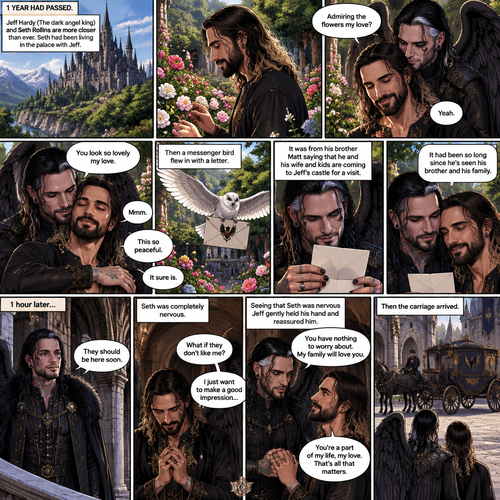 (Part 4 of the dark angel X human story). 1 year had passed,Jeff Hardy (The dark angel king) and Seth Rollins are more closer than ever. Seth had been living in the palace with Jeff. One day Seth was in the garden. Jeff walked behind him. “Admiring the flowers my love?” Jeff asked. Seth smiled softly. “Yeah” Seth said softly. Jeff gently pulled Seth in his embrace. “You look so lovely my love” Jeff said softly. Seth hummed softly. “This so peaceful” Seth said softly. “It sure is” Jeff said softly. Then a messenger bird flew in with a letter. Jeff gently picked up the letter and opened it,It was from his brother Matt saying that he and his wife and kids are coming to Jeff’s castle for a visit. Seth looked at the letter too. Jeff smiled,it had been so long since he’s seen his brother and his family. 1 hour later,Jeff was anticipating their arrival and Seth was completely nervous. Seeing that Seth was nervous Jeff gently held his hand and reassured him. Then the carriage arrived
