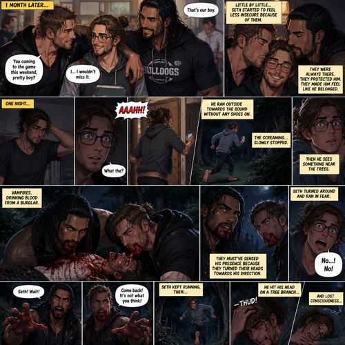 (Recap) Seth Rollins (College student) was at a history class,Then two students came in late,Roman Reigns (College Football Player) and Jon Moxley (bad boy) a.k.a the power couple,Seth thought about approaching them but his insecurity won’t let him,He thought they wouldn’t want be be around someone who was as ugly as him,He focused,Then Roman and Jon sat at two empty desks on each side of Seth,Seth was surprised,They said hello and flirted with him,Seth blushed. (And now part 2). 1 month had passed,Jon and Roman started hanging out with Seth a lot,Little by little Seth started to feel less insecure because of them. If anyone ever picked on Seth Roman and Jon would protect him. One night Seth was in his dorm room getting ready for bed…then he heard a scream coming from outside. “What the?” Seth said. He grabbed his phone,Ran downstairs to the front door,opened it and ran outside to the sound without any shoes on. The screaming…slowly stopped. Seth’s heart was pounding,Then he sees something near the trees. He walked closer…he sees…Vampires Drinking blood from a burglar. Seth was horrified. They must’ve sensed his presence because they turned their heads towards his direction. Seth couldn’t believe it….it was Roman and Jon. Seth turned around and ran in fear. Roman and Jon yelled after him. Seth kept running,Then….he hit his head on a tree branch and lost consciousness