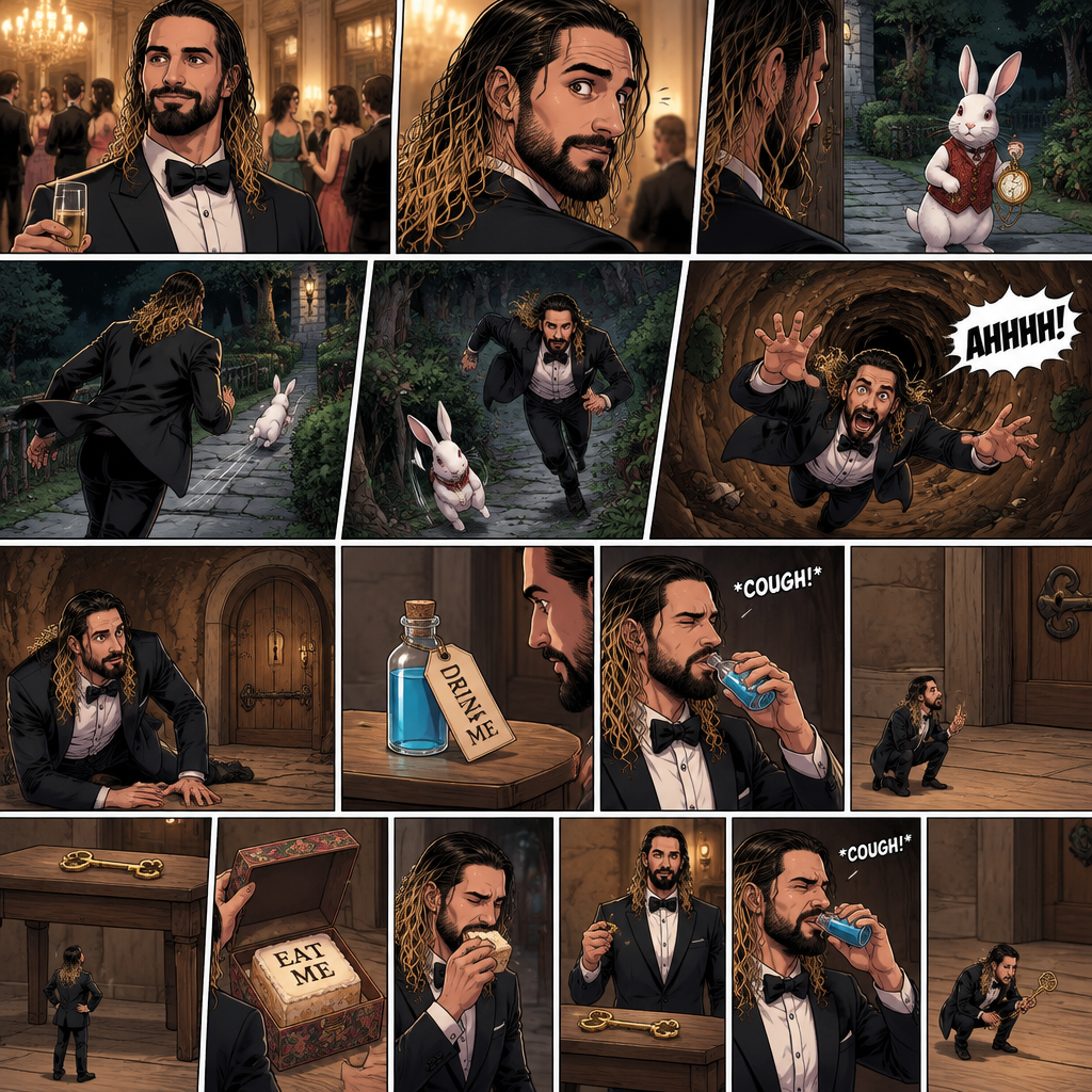 Seth Rollins was at a fancy party,Then he sees a white rabbit outside.It’s wearing a fancy vest and holding a pocket watch and it’s looking at him.Then it starts hopping away and Seth followed it.The rabbit kept hopping and Seth kept following,Until the rabbit jumped down the rabbit hole.Seth looked in the hole…Then he leaned in to far and started falling down the hole. “AHHHH!” Seth Yelled.He kept falling and falling,Till eventually he landed on the bottom.He looked at his surroundings,then he noticed a small door in front of him.He turned around and noticed a small table behind him,there’s a small potion on top of it and with a note attached to it that says “drink me”.He took the potion and took a sip,He coughed a little,Puts the potion back and shrinks (literally).He ran to the door and turned the handle…Its locked.He found the key…and it’s…the table,He’s too small to reach it.he looks around for a solution,Then he sees a box,He opens it,inside is a square shaped cake with writing on it that says “Eat me”.He eats it…and then grows (literally).He grabs the key,Drinks the potion again,Coughed and shrinks (Again literally)