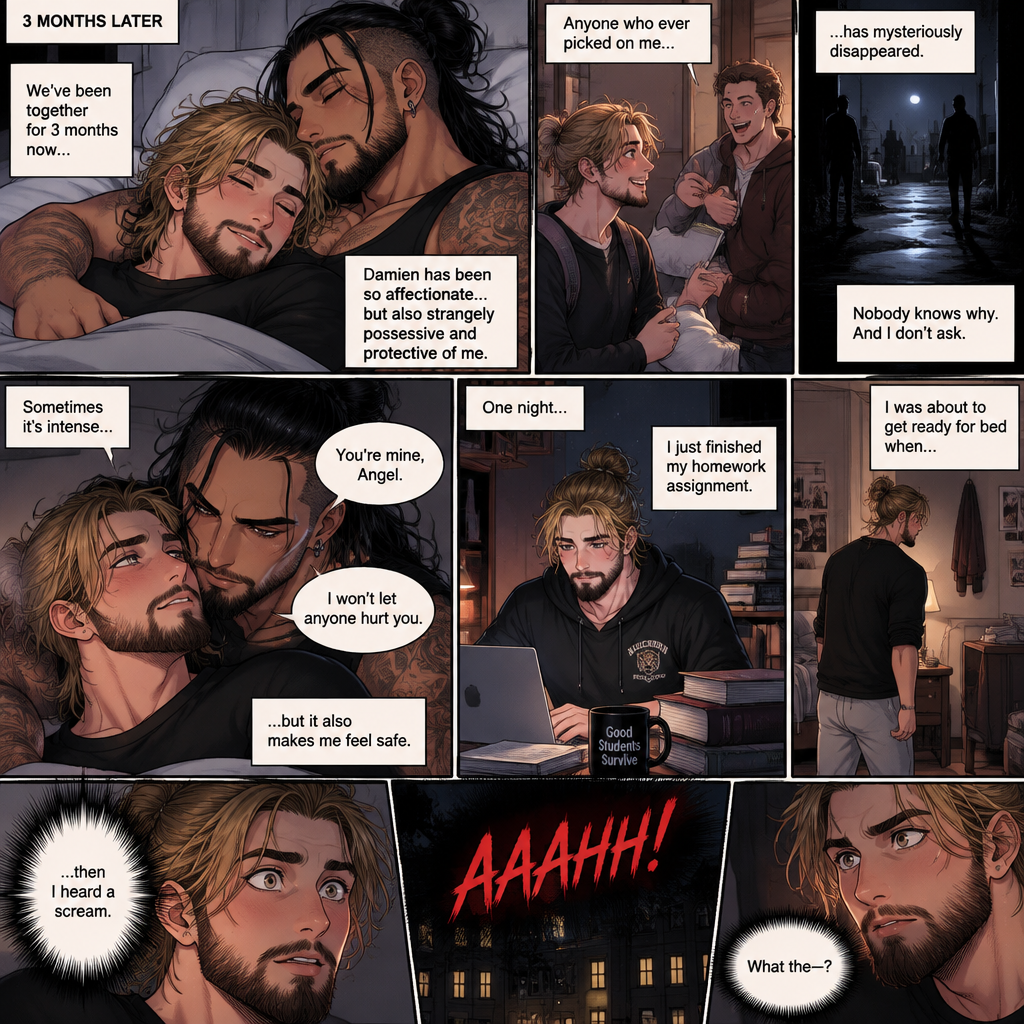 (Recap). Seth Rollins (College student) helped Damien Priest (The bad boy) tend to his wounds on his chest and shoulder after he entered Seth’s dorm room,The next morning,Seth and Damien were asleep in Seth’s bed,Seth slowly woke up,He was in Damien’s embrace,He blushed and his heart fluttered,Damien must’ve heard it because he subconsciously put his hand on Seth’s chest to feel Seth’s heartbeat and hummed softly in his sleep,Seth was flustered,Then…Damien slowly woke up and looked at Seth,”Your heart beats so beautifully” Damien said in a soft voice,Damien then whispered in Seth’s ear,“Is it because of me,Angel?” Damien asked seductively,The blush on Seth’s face deepened,Damien gave a smug and seductive smile.,”Can I kiss you?” Damien asked softly. Seth Got more Flustered,“S-Sure” Seth said nervously,Damien gently kissed Seth. (And now part 4). 3 months had passed,Seth and Damien are together. Damien had been acting strangely possessive and protective of Seth. Anyone who ever picked on Seth…had mysteriously disappeared. Nobody knew why. One night Seth just finished his homework assignment. He was about to get ready for bed….then he heard a scream