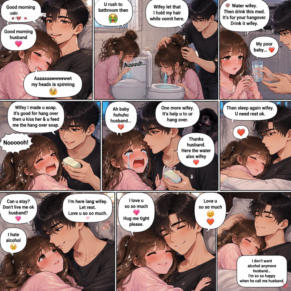 Good morning wifey goood morning husband aaaaaaawwwwwt my heads is spinning 😵💫 u rush to bathroom then 🤮 auuuuuh wifey let that then u hold my hair while vomit here water wifey then drink this med it’s for your hangover drink it wifey my poor baby come here u carry me & put in bed & u said I don’t want alcohol anymore husband I’m so so happy when he call me husband wifey I made u soap it’s good for hang over then u kiss her & u feed me the hang over soap noooooh then u cry like ah baby huhuhu husband one more wifey it’s help u to ur hang over thanks husband here the water also wifey then sleep again wifey u need rest ok u kiss me can u stay don’t live me ok husband & put her in your arms she lay in your chest I’m here lang wifey let rest love u so so much husband I love hug me tight please I hate alcohol then u both smile 😊 love u so so much
